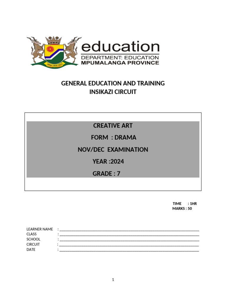 Grade 7 Drama Exam Paper 2024 | PDF