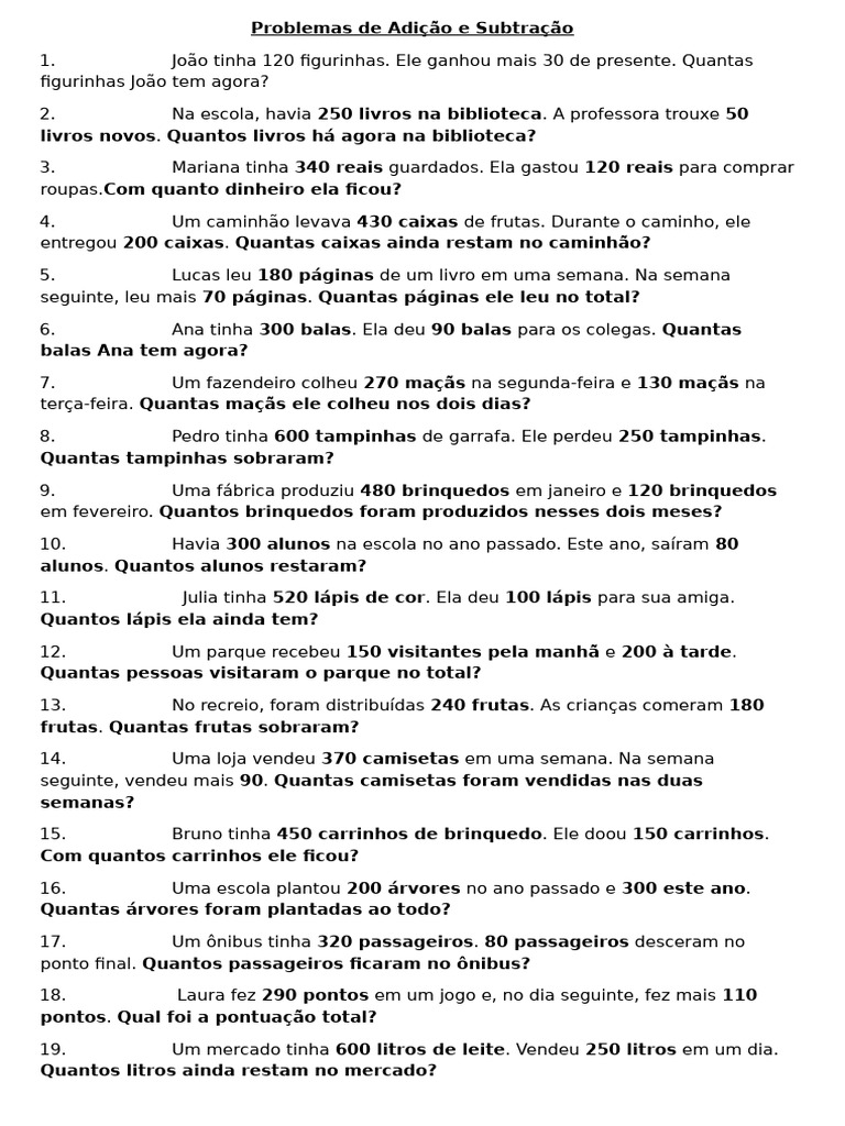 Problemas de Adição e Subtração 6º Ano | PDF