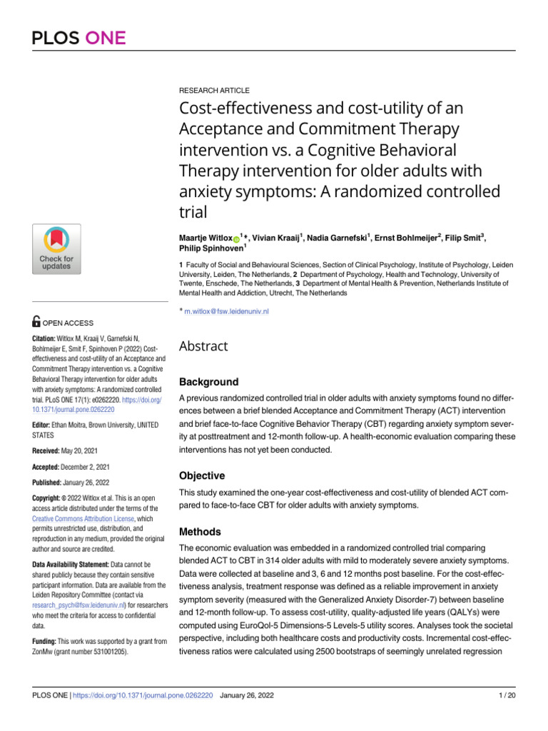 Cost-Effectiveness of ACT vs CBT for Anxiety | PDF | Cognitive ...