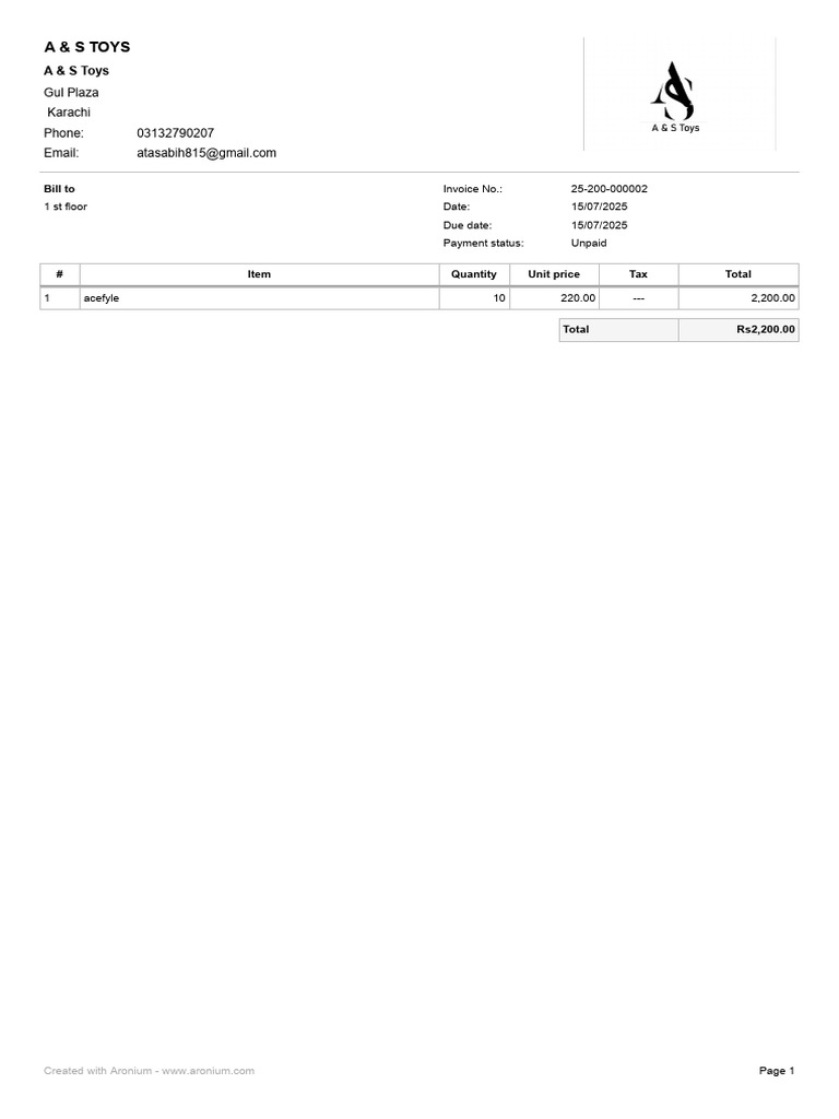 Unpaid Invoice for A & S Toys | PDF