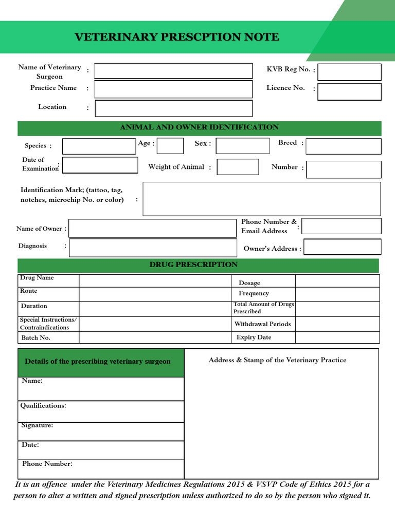Veterinary Drug Prescription Form | PDF