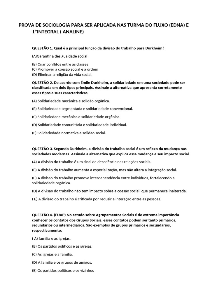 Prova de Sociologia: Questões e Gabarito | PDF | Sociologia | Émile ...