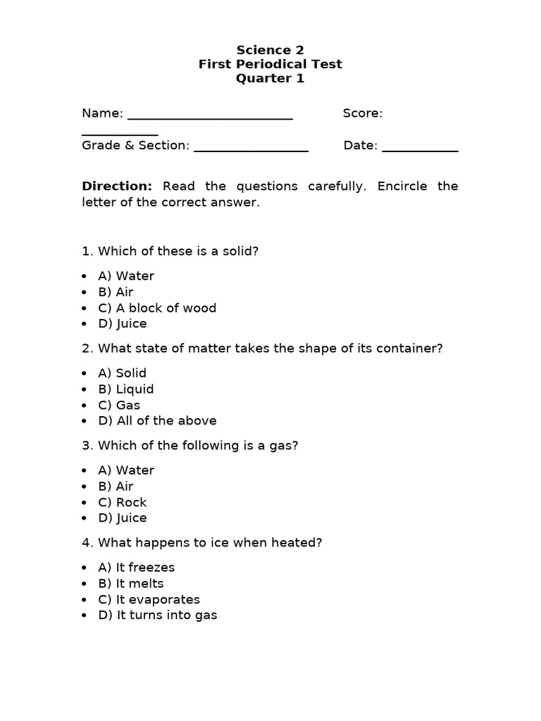 Science 2 First Periodical Test | PDF | Liquids | Gases