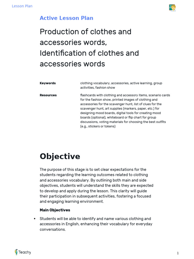 Clothing and Accessories Vocabulary Lesson | PDF | Vocabulary | Lesson Plan