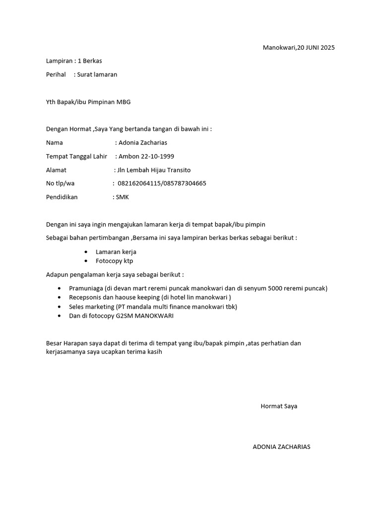Lamaran Kerja Adonia Zacharias | PDF