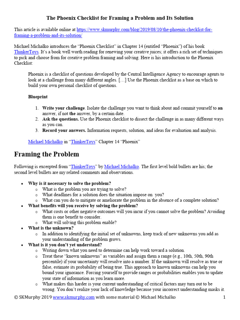 The Phoenix Checklist for Problem Solving | PDF | Thought | Information