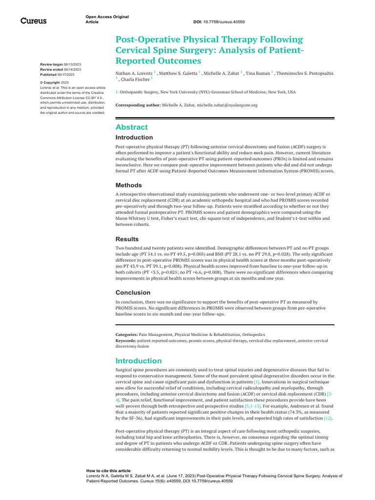Post-Operative Physical Therapy Following Cervical Spine Surgery ...