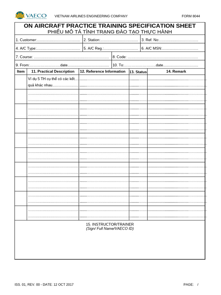 Form 8044 On Aircraft Practice Training Specification Sheet | PDF ...