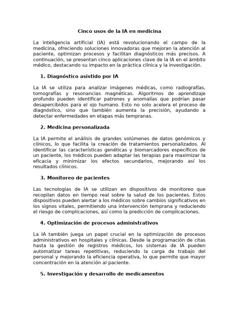 Usos de IA en Medicina: 5 Aplicaciones Clave | PDF | Inteligencia ...