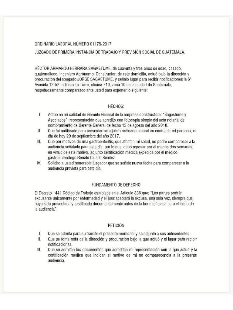 MEMORIAL DE ESCUSA MEDICA LABORAL | PDF