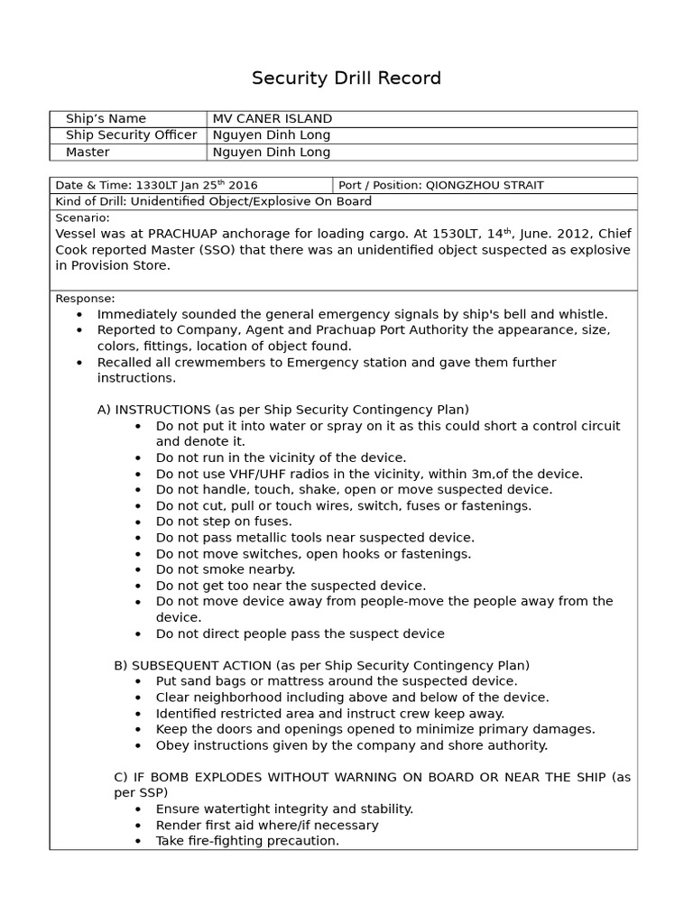 Security Drill Record Unidentified Object Explosive On Board 01-03-11 ...