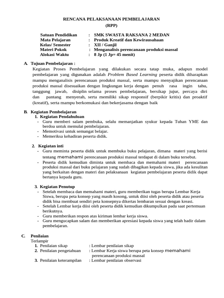 RPP Produksi Massal SMK Raksana 2 | PDF