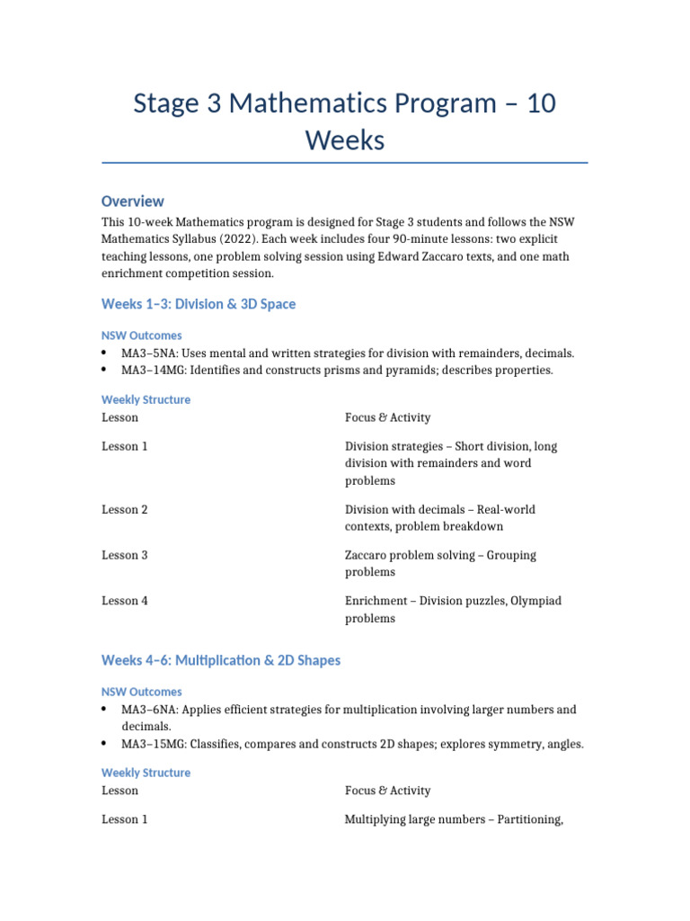 Stage 3 Maths 10 Week Program | PDF | Mathematics | Multiplication