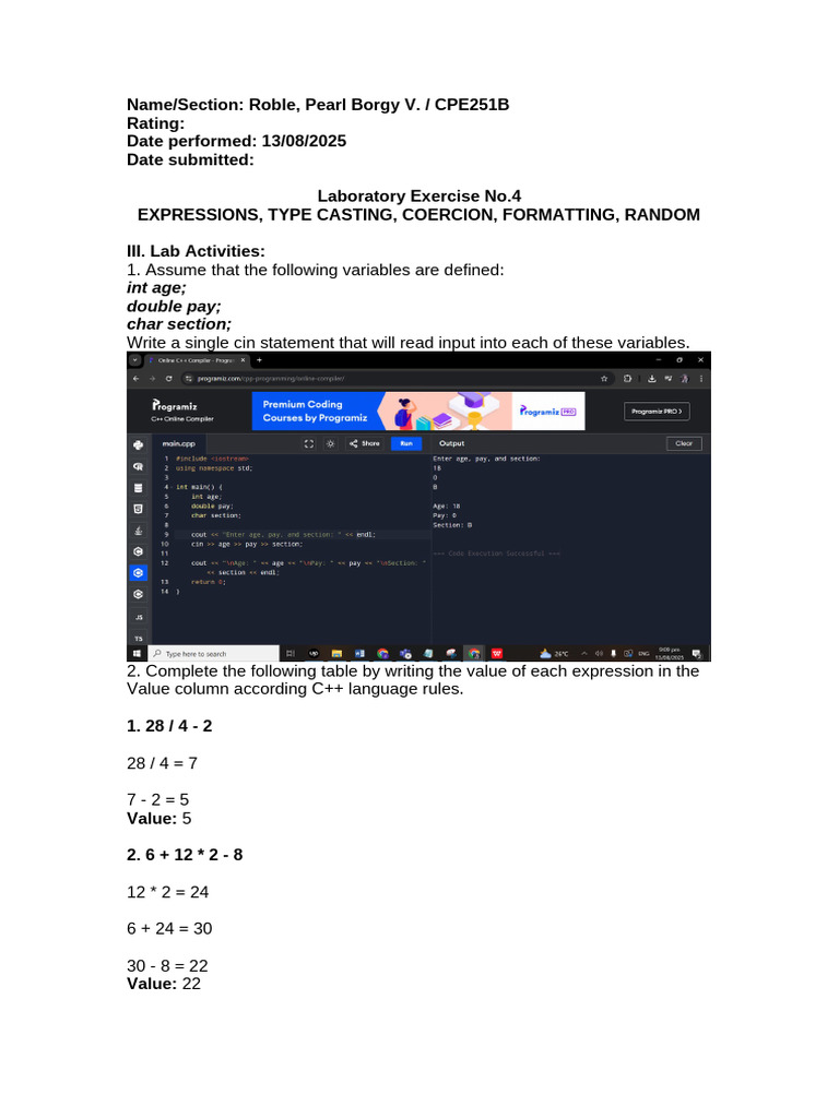 C++ Expressions and Type Casting Lab | PDF | Integer (Computer Science ...