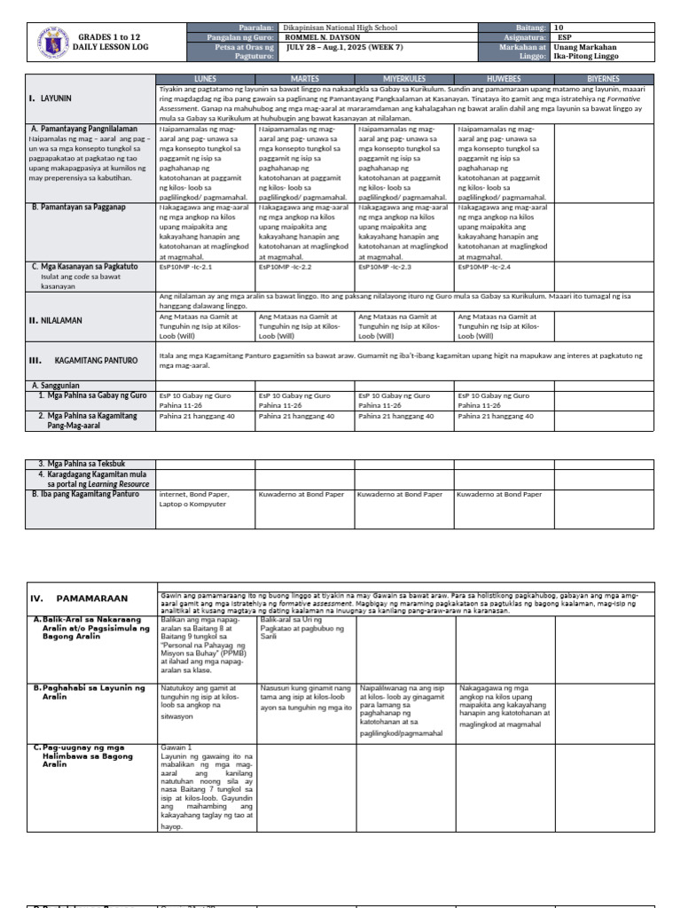 DLL - Esp 10 - Q1 - W7 - 093915 | PDF
