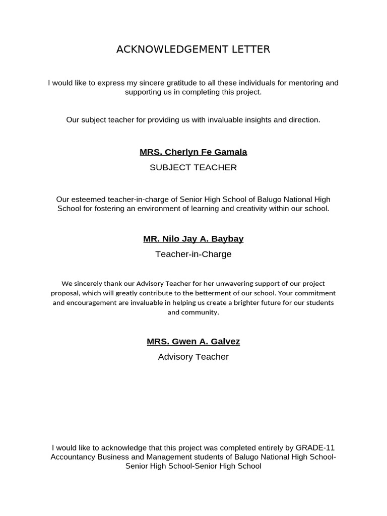 Acknowledgement for School Project | PDF | Behavior Modification ...