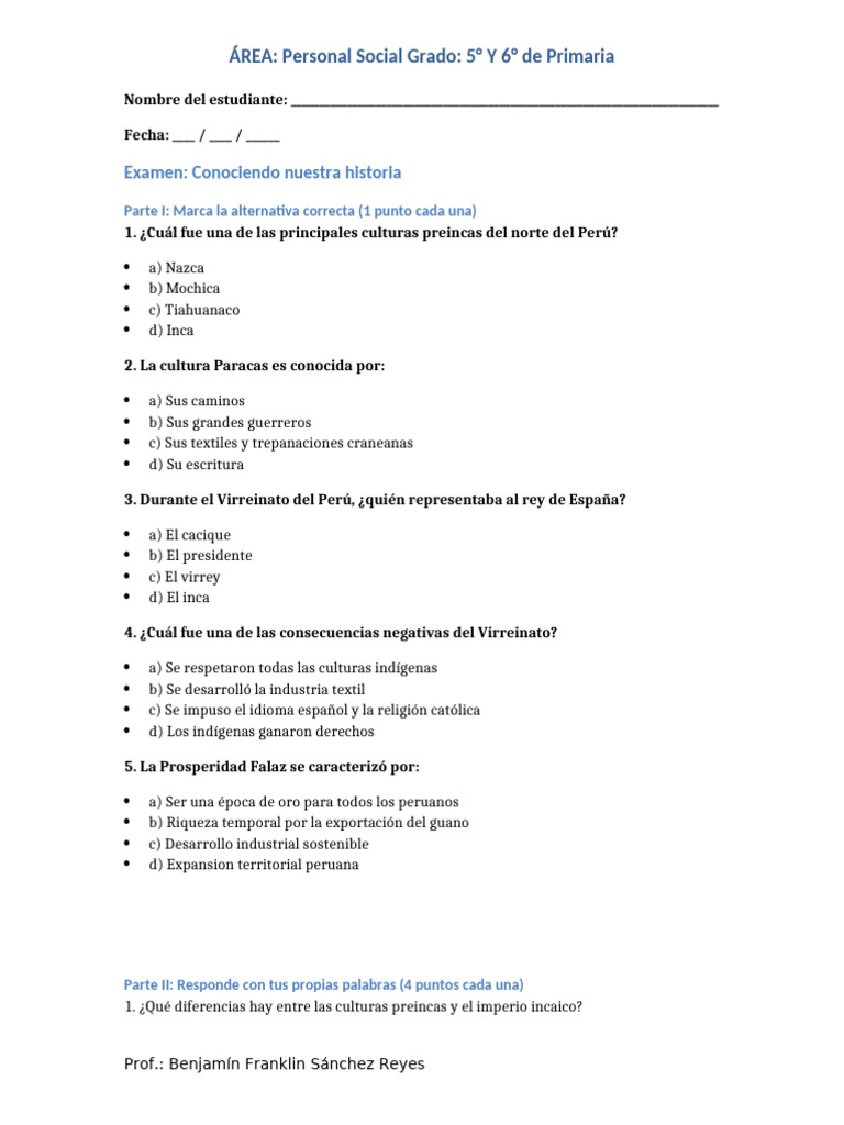 Examen Personal Social 5to Primaria | PDF