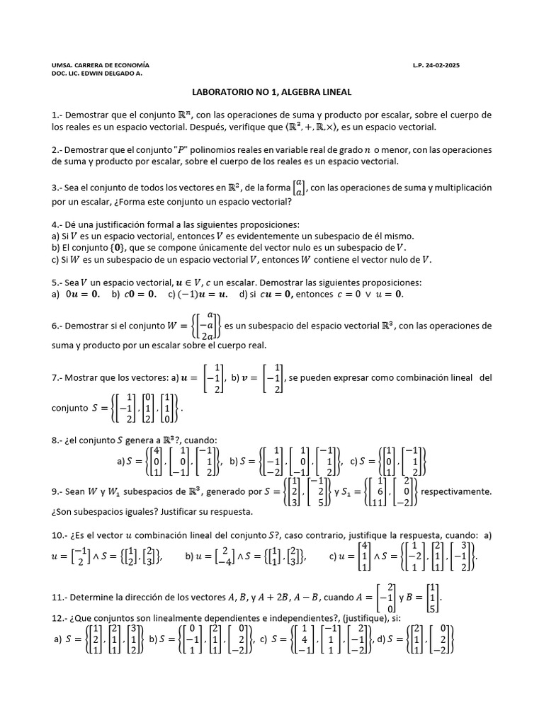 Ejercicios de Álgebra Lineal y Espacios Vectoriales | PDF | Espacio ...