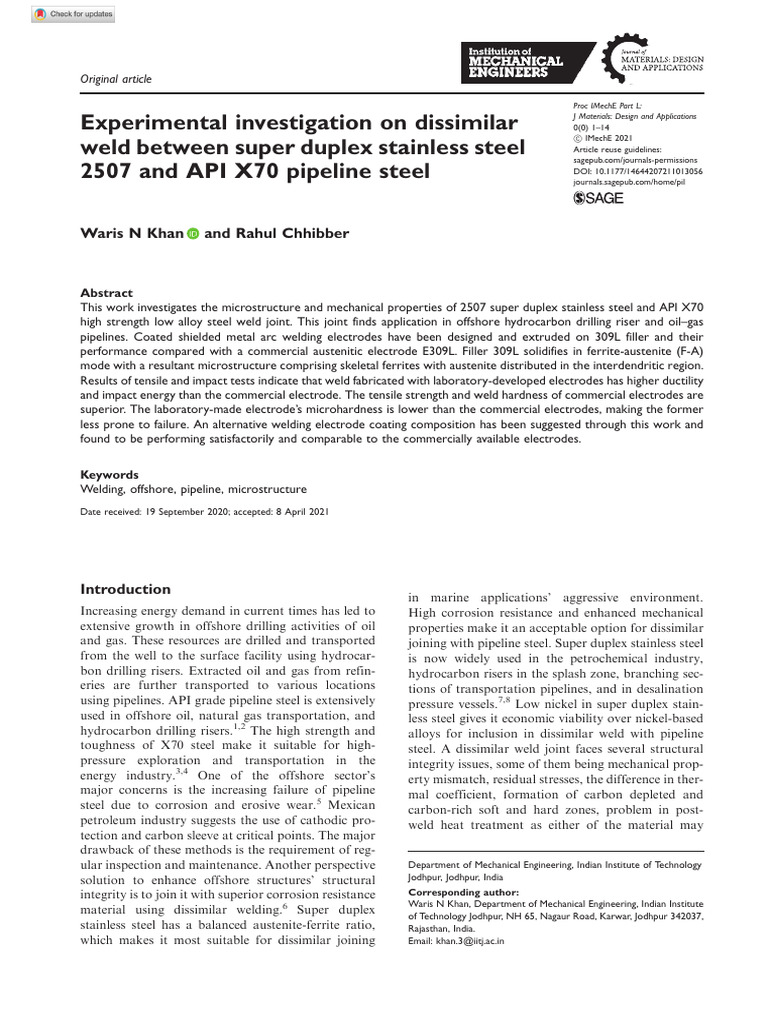 Dissimilar Welding of Duplex Steel and API X70 | PDF | Welding ...