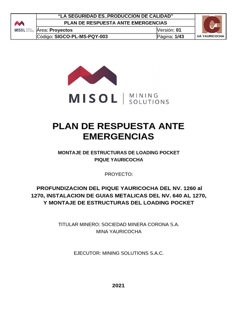 Plan de Emergencias Mina Yauricocha | PDF | Seguridad y salud ...