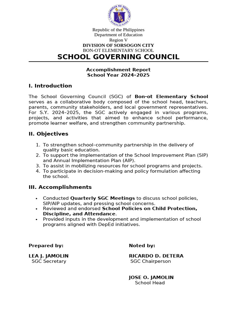 Bon-ot Elementary SGC Accomplishment Report | PDF