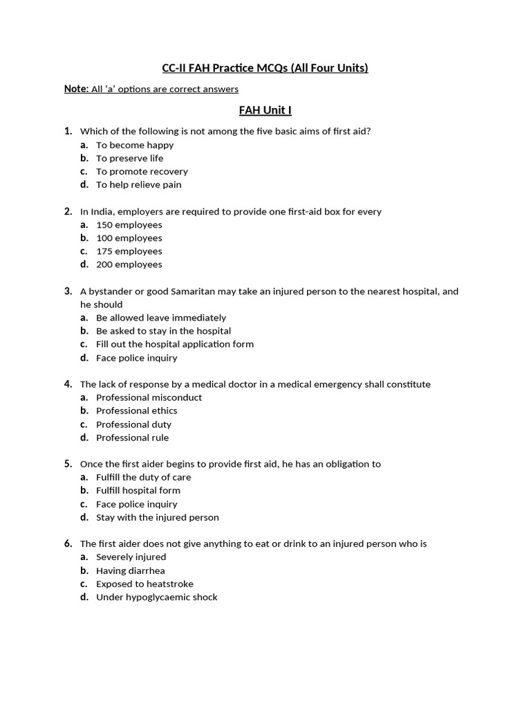 CC-II FAH Practice MCQs All Units | PDF | Mental Disorder | Major ...