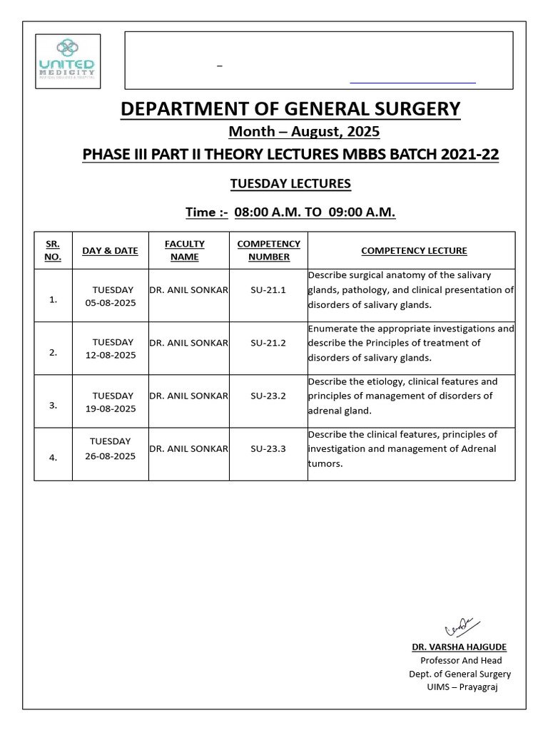 August 2025 Surgery Lecture Schedule | PDF | Medical Specialties ...