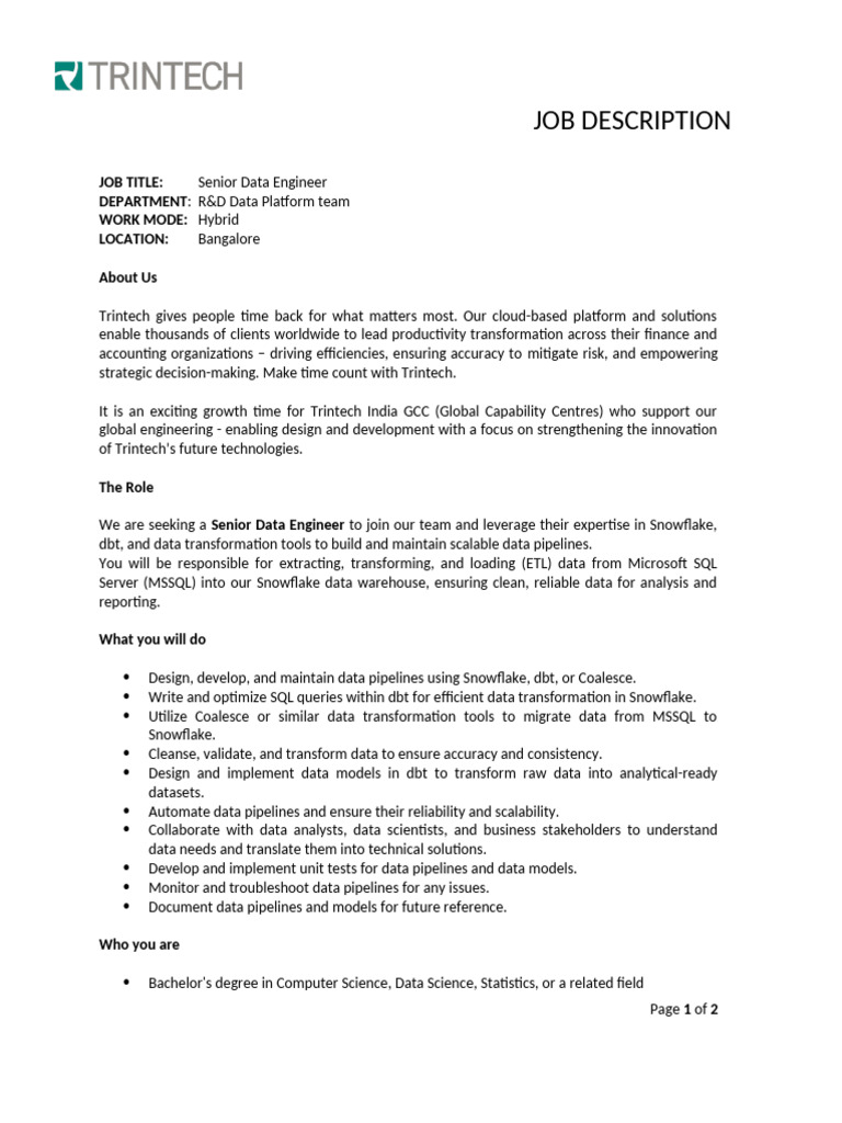 Senior Data Engineer at Trintech Bangalore | PDF | Microsoft Sql Server ...