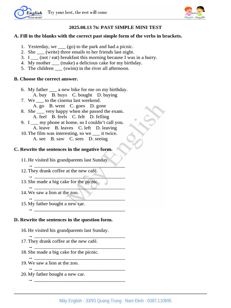 2025.08.13 7tc PAST SIMPLE MINI TEST | PDF