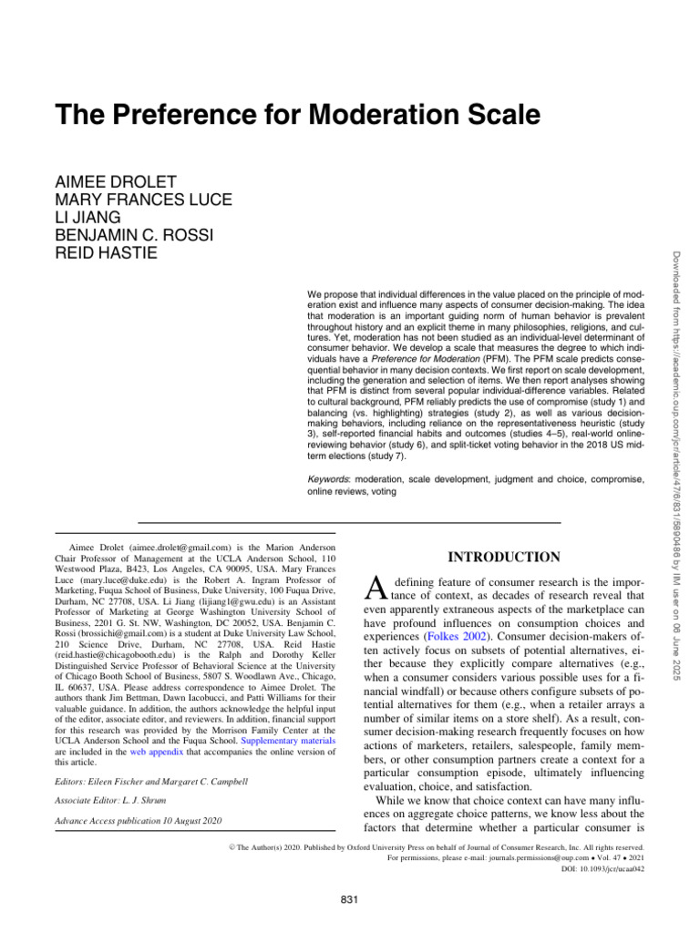 The Preference For Moderation Scale | PDF | Risk Aversion | Risk
