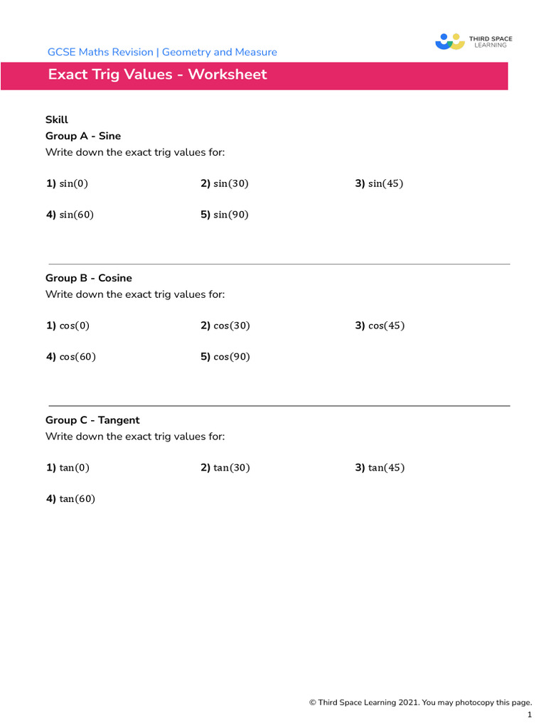 Exact Trig Values Worksheet for GCSE | PDF | Trigonometry ...