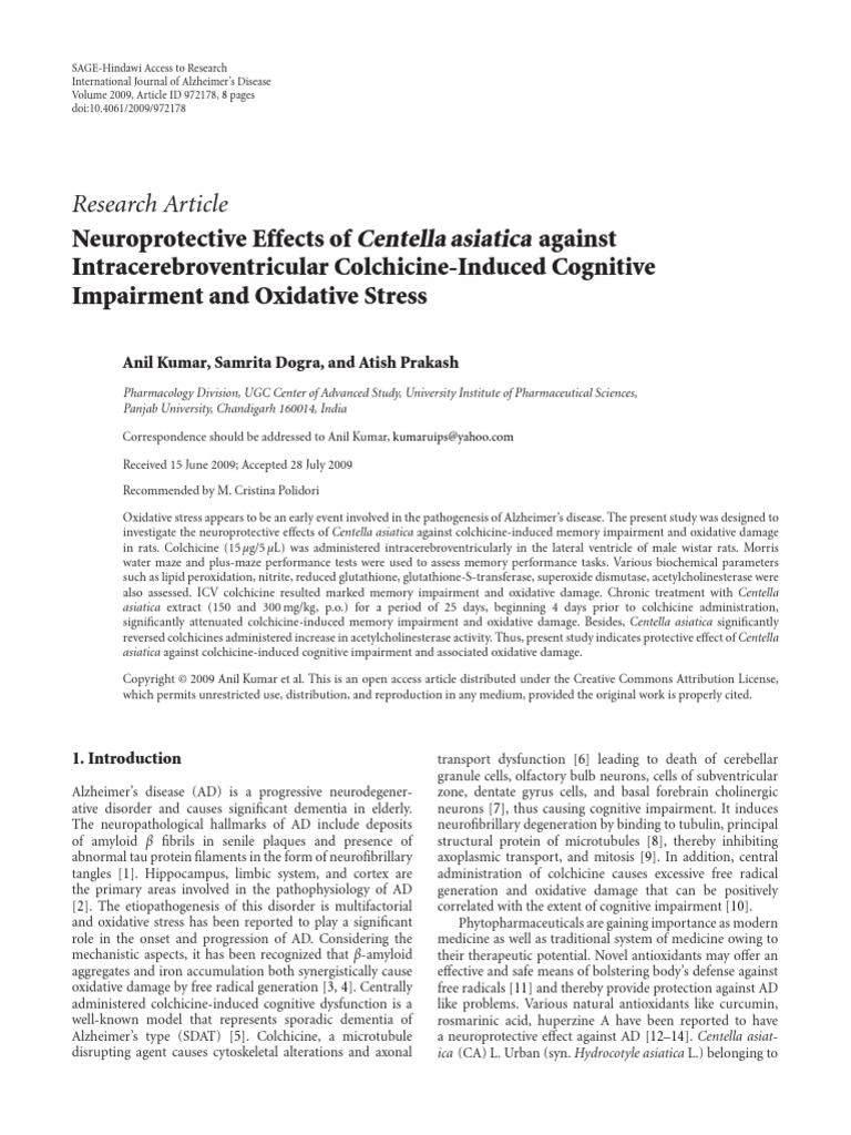 Neuroprotective Effects of Centella Asiatica Against Kumar 2009 | PDF