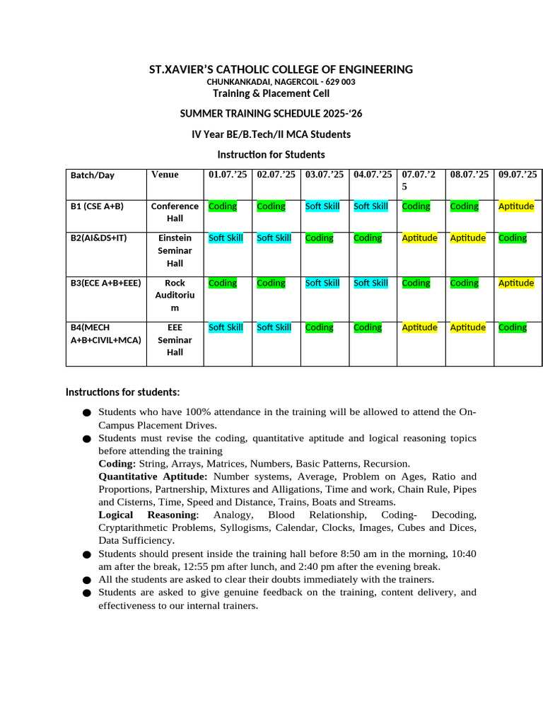 Summer Training Schedule 2025-26 | PDF