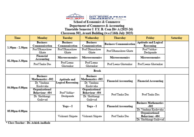 F.Y. B. Com Div A Timetable 2025-26 | PDF