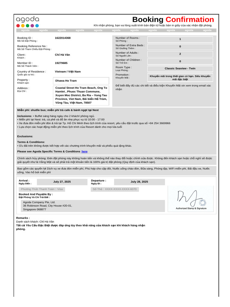 Confirmation For Booking ID # 1622014368 | PDF
