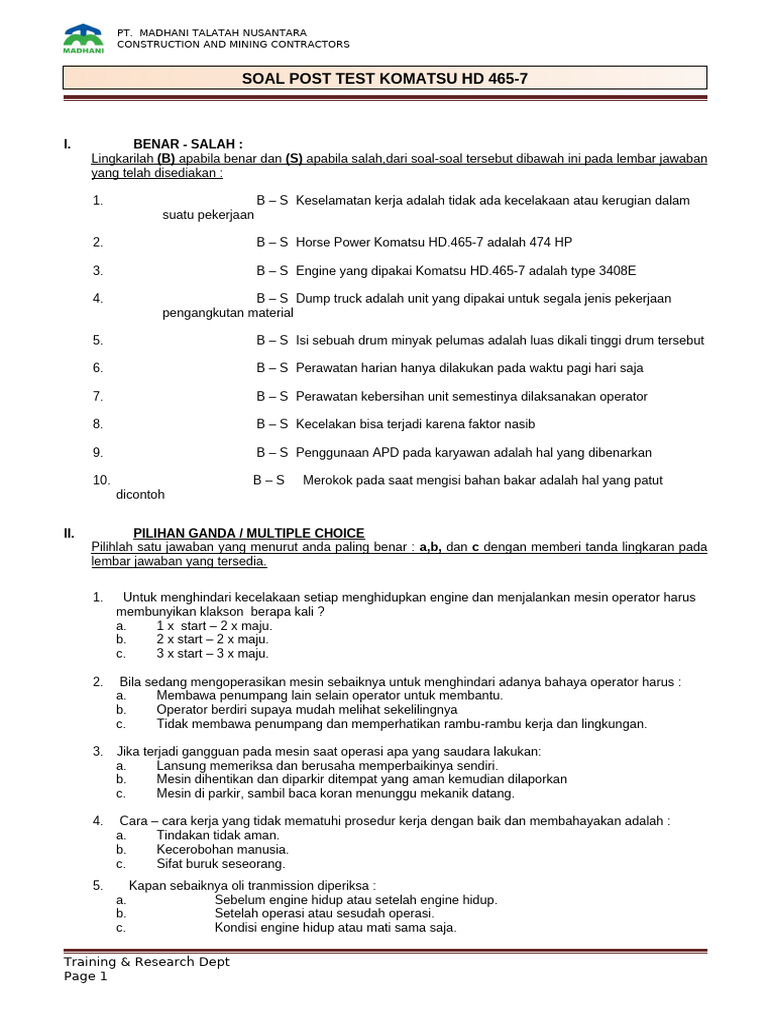 1.soal Post Test Operator HD.465-7 | PDF