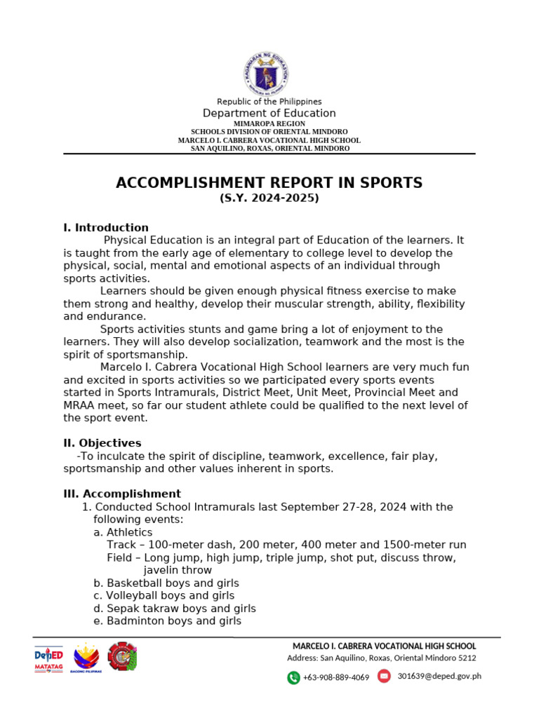 Sports Accomplishment Report 2024-2025 | PDF | Sports | Entertainment