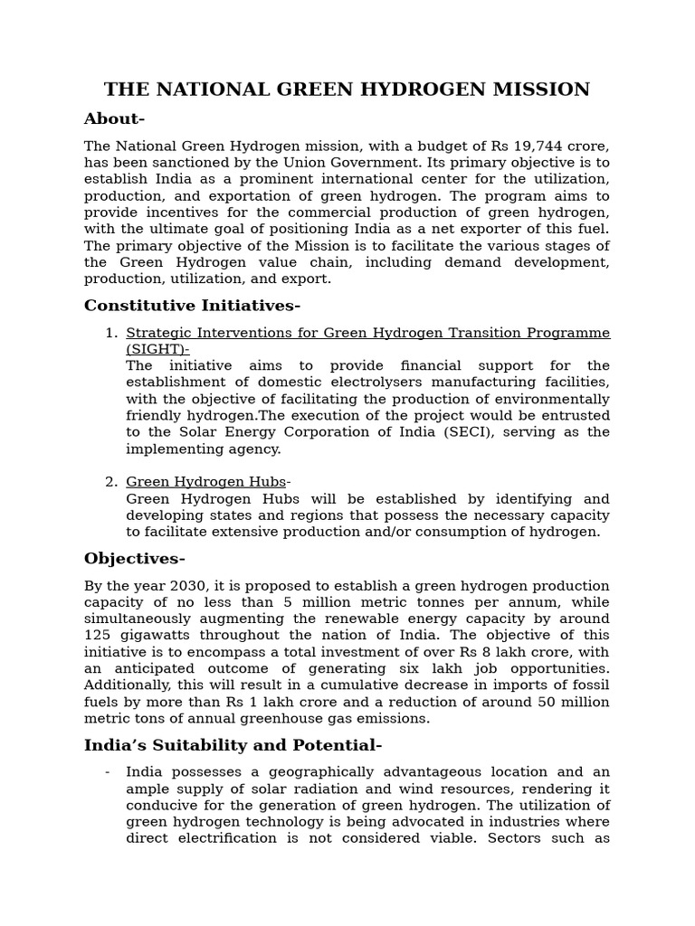 India’s National Green Hydrogen Mission | PDF | Renewable Energy | Wind ...