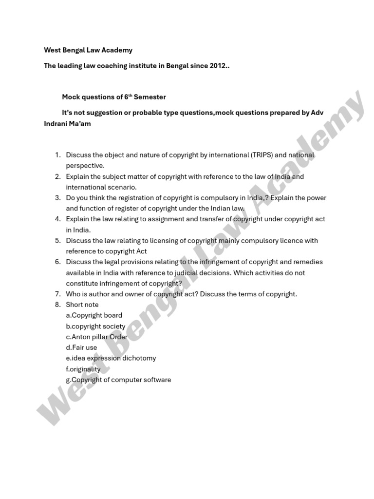 West Bengal Law Academy: Copyright Mock Questions | PDF