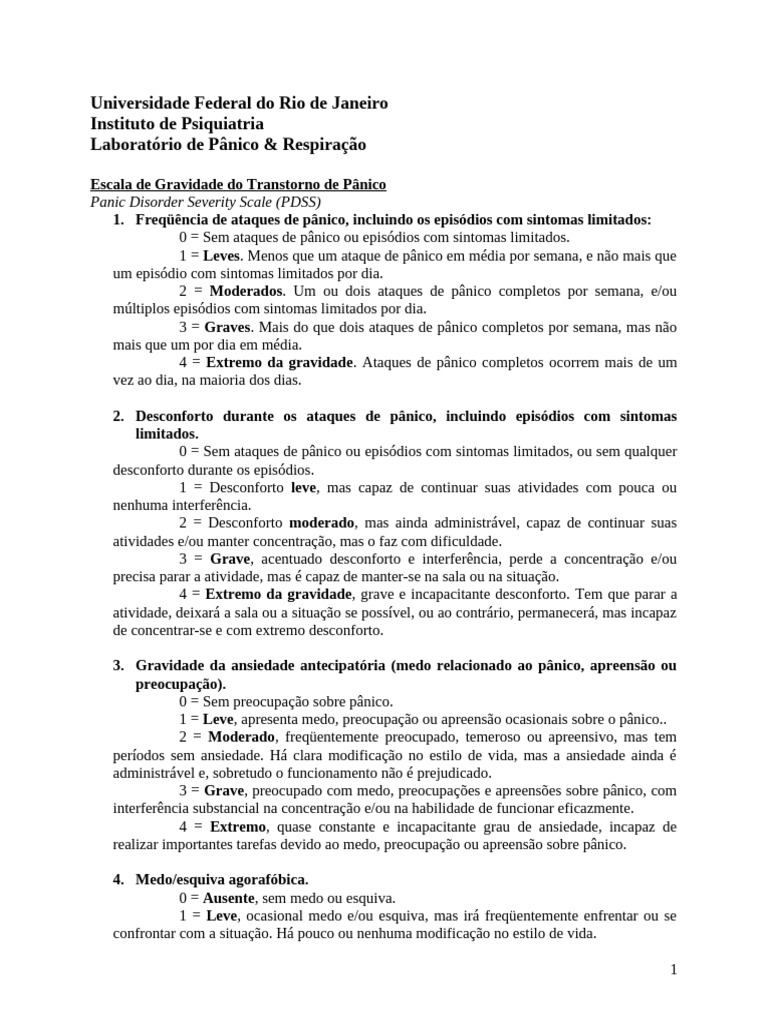 PDSS - Panic Disorder Severity Scale | PDF | Transtorno de pânico ...