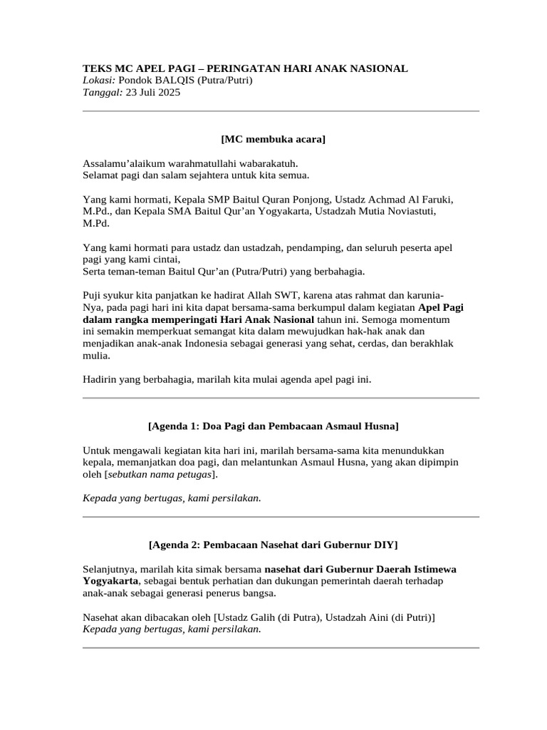 Teks MC Apel Pagi - Peringatan Hari Anak Nasional | PDF