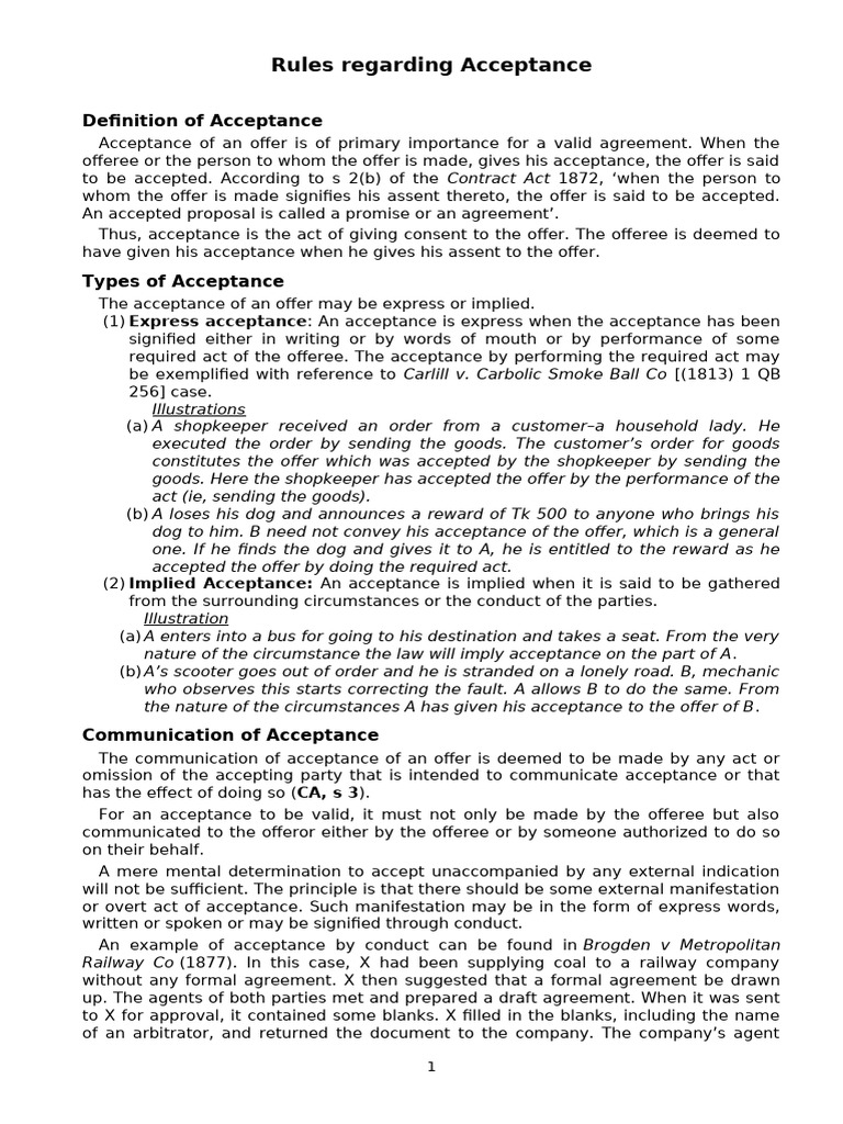 Rules of Acceptance in Contract Law | PDF | Offer And Acceptance ...