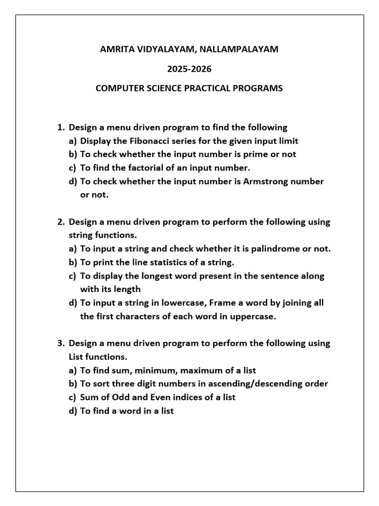 Computer Science Practical Programs 2025 | PDF