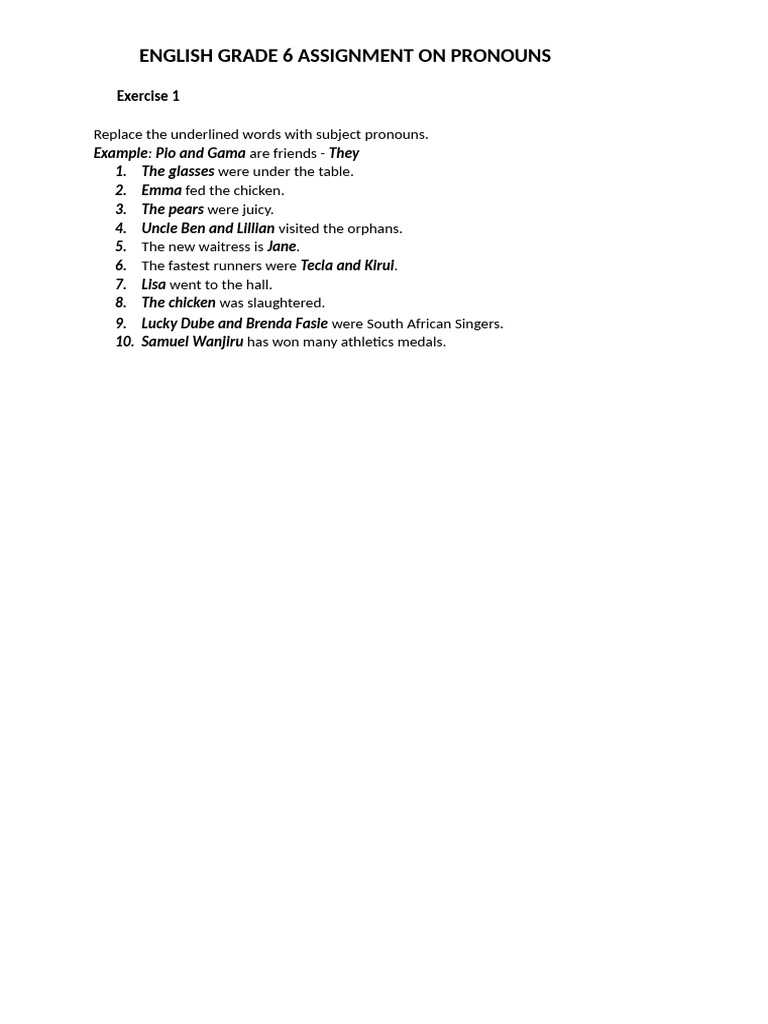 Pronouns g6 Assignment (Aug 6 | PDF