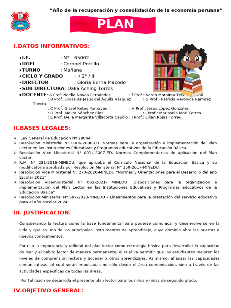 Plan Lector para Segundo Grado 2024 | PDF | Comprensión lectora | Salón ...