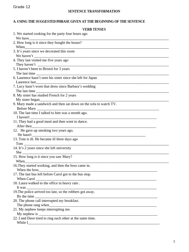 Grade 12 Sentence Transformation Exercises | PDF | Verb | Syntax