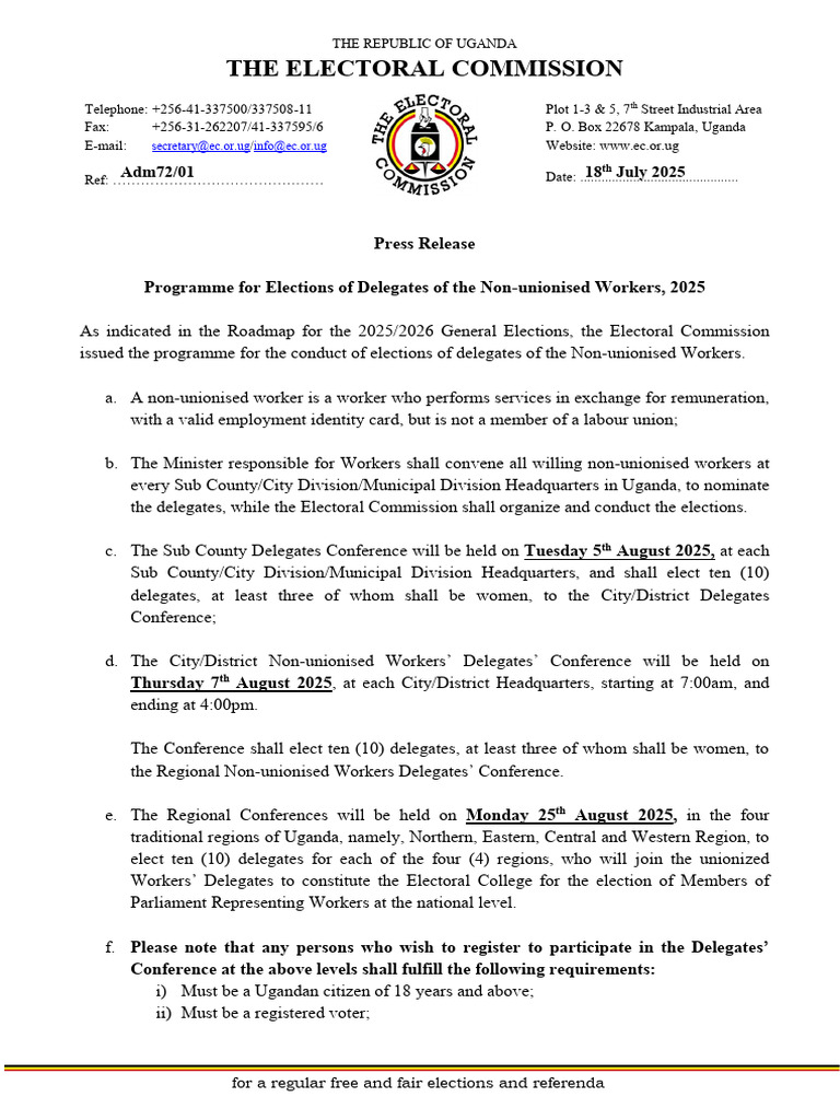 Programme For Election of Non-Unionised Workers Delegates.22.07.2025 ...