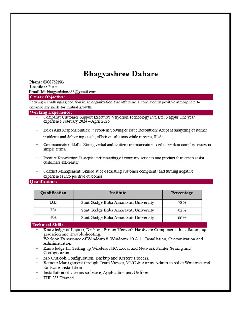 Bhagyashree Dahare Resume 1 | PDF | Computing | Software