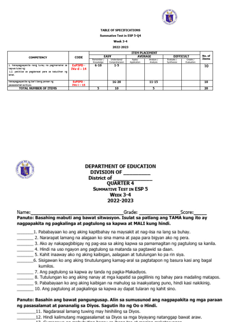 Grade 5 Summative Test Esp | PDF