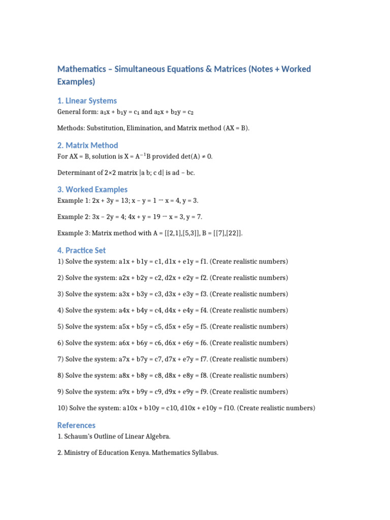 Simultaneous Equations & Matrices Guide | PDF